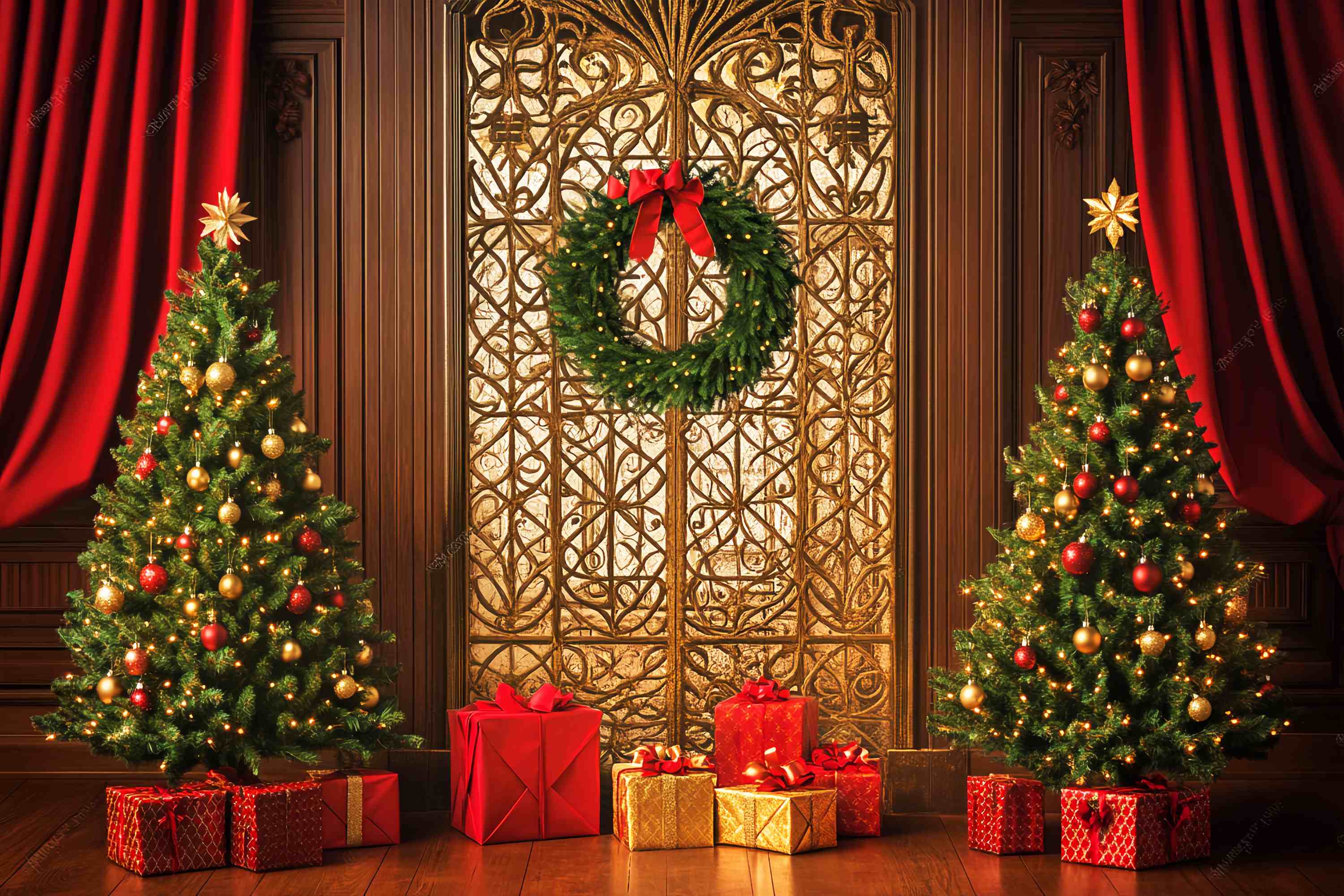 High Resolution Christmas Backdrop Golden Gate Wreath Gift Tree Christmas Backdrop LXX58-99