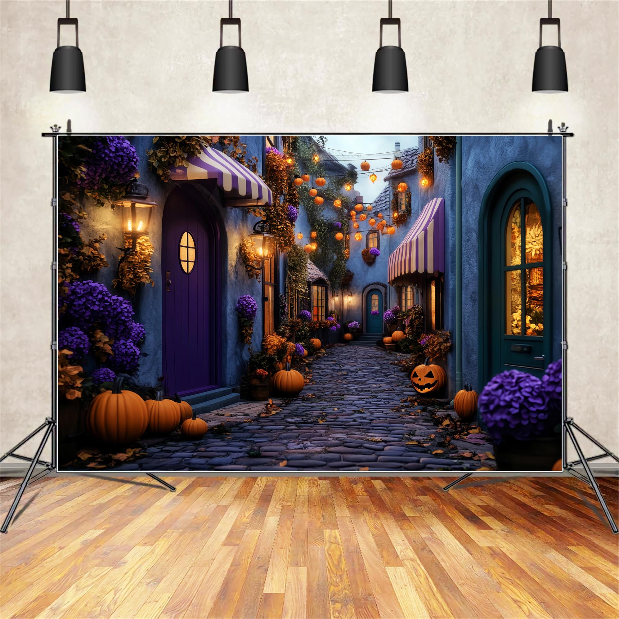 Color Backdrop Haunted Village Pumpkin Lane Halloween Photography Backdrop LXX59-101