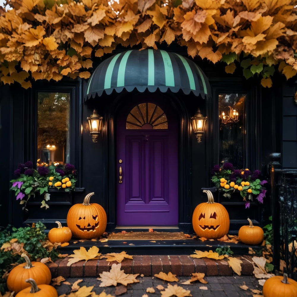Color Backdrop Purple Door Pumpkin Lanterns Halloween Photo Backdrop Ideas LXX59-102