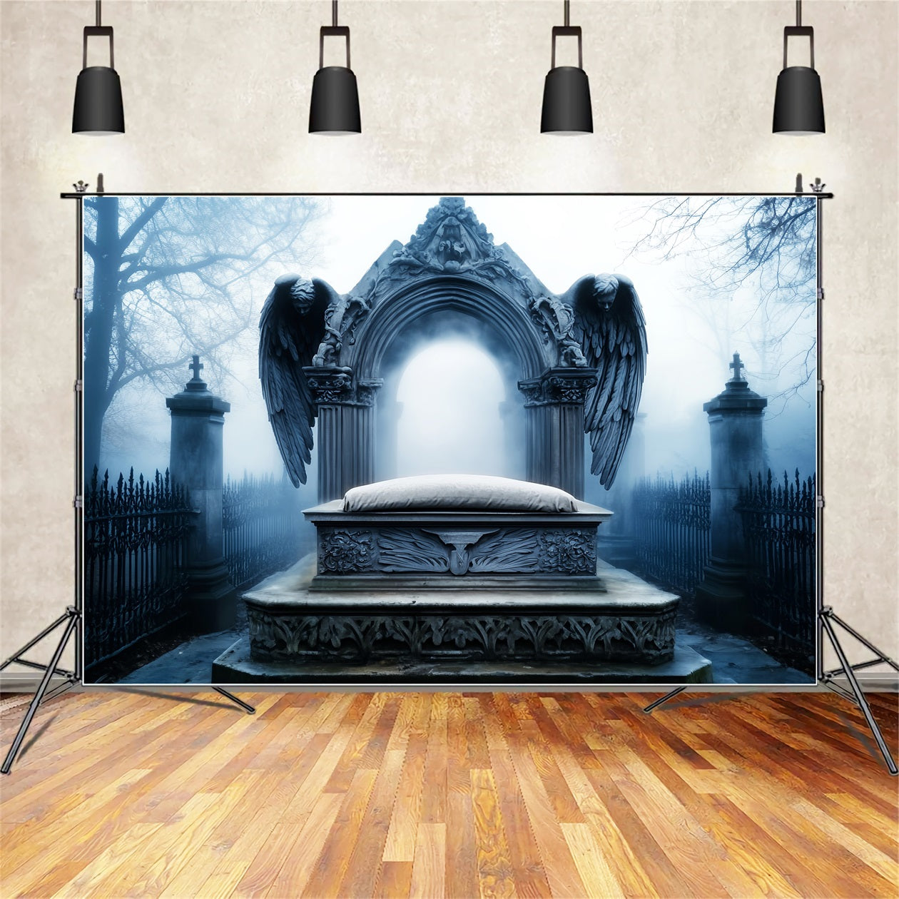 Graveyard Backdrop Angel Tombstone Graveyard Fog Halloween Picture Backdrop LXX59-103