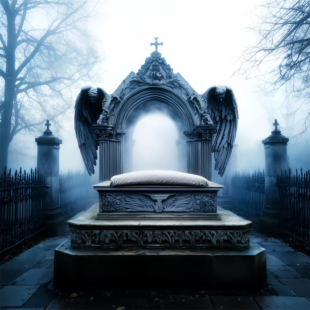 Graveyard Backdrop Angel Tombstone Graveyard Fog Halloween Picture Backdrop LXX59-103