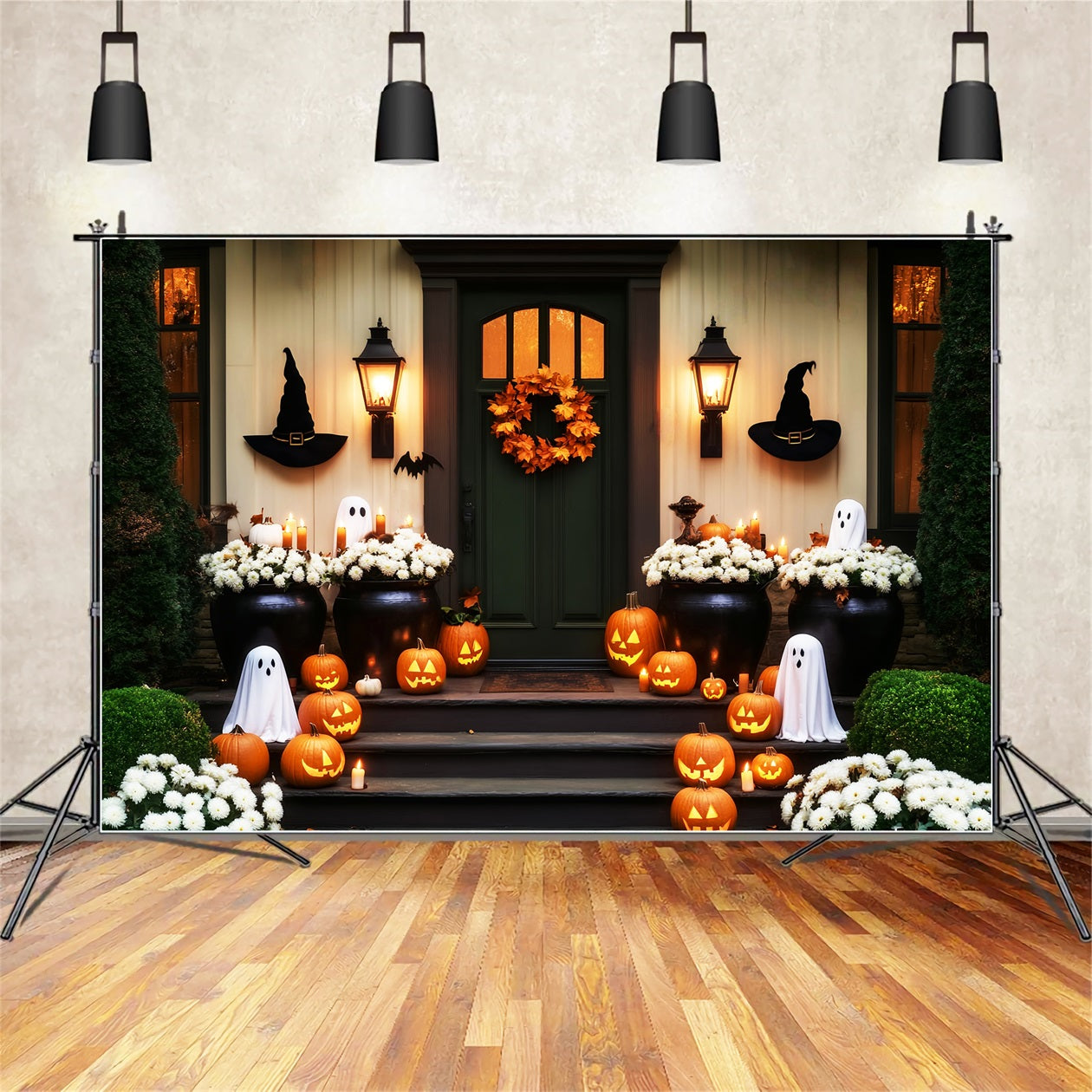 Halloween Ghost Backdrop Pumpkin Ghost Flower Entrance Halloween Backdrop LXX59-105