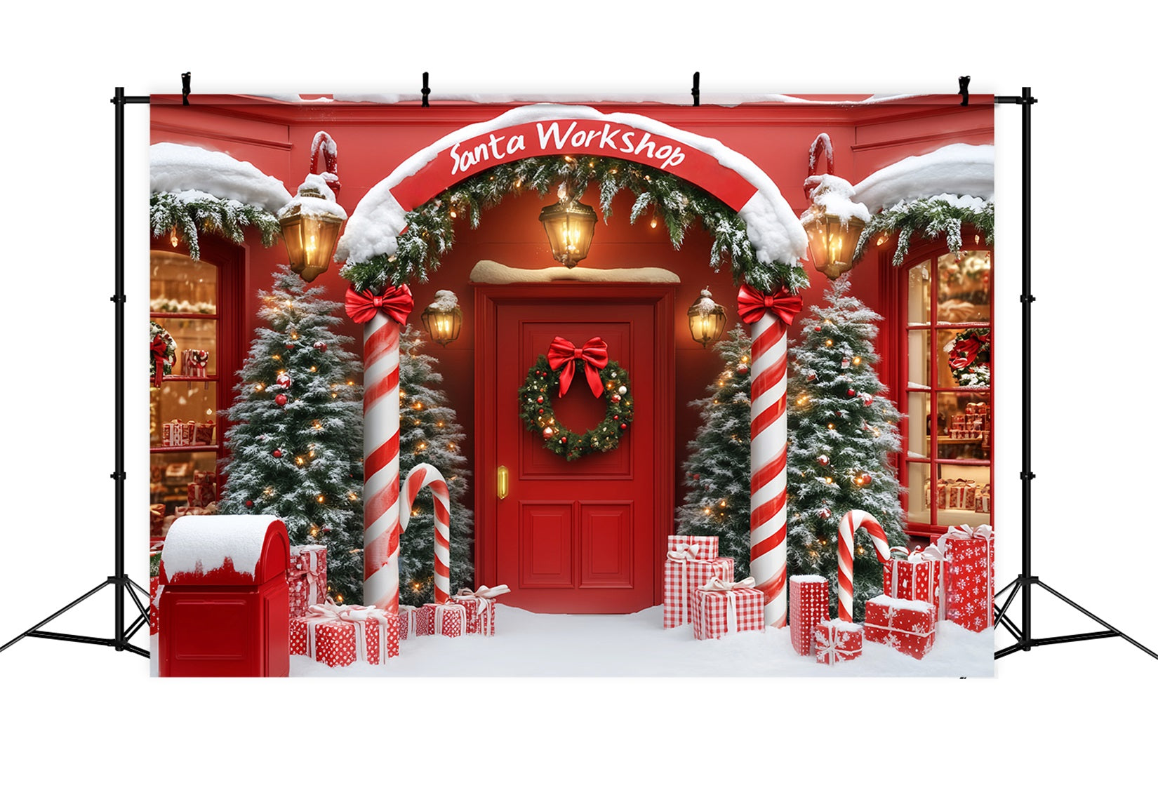 Santa Workshop Backdrop Christmas Shop Arch Entrance Red Christmas Backdrop LXX59-161
