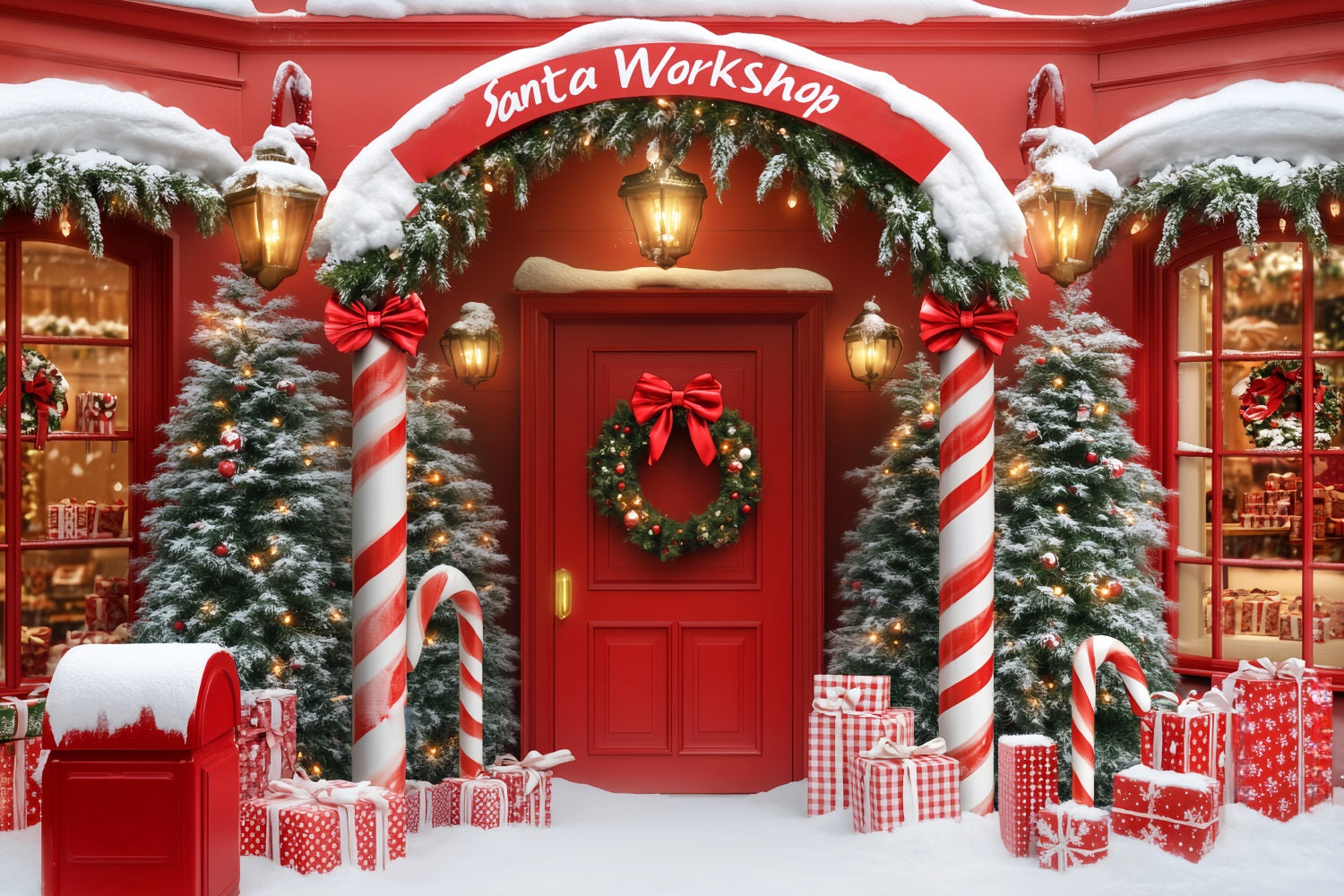 Santa Workshop Backdrop Christmas Shop Arch Entrance Red Christmas Backdrop LXX59-161