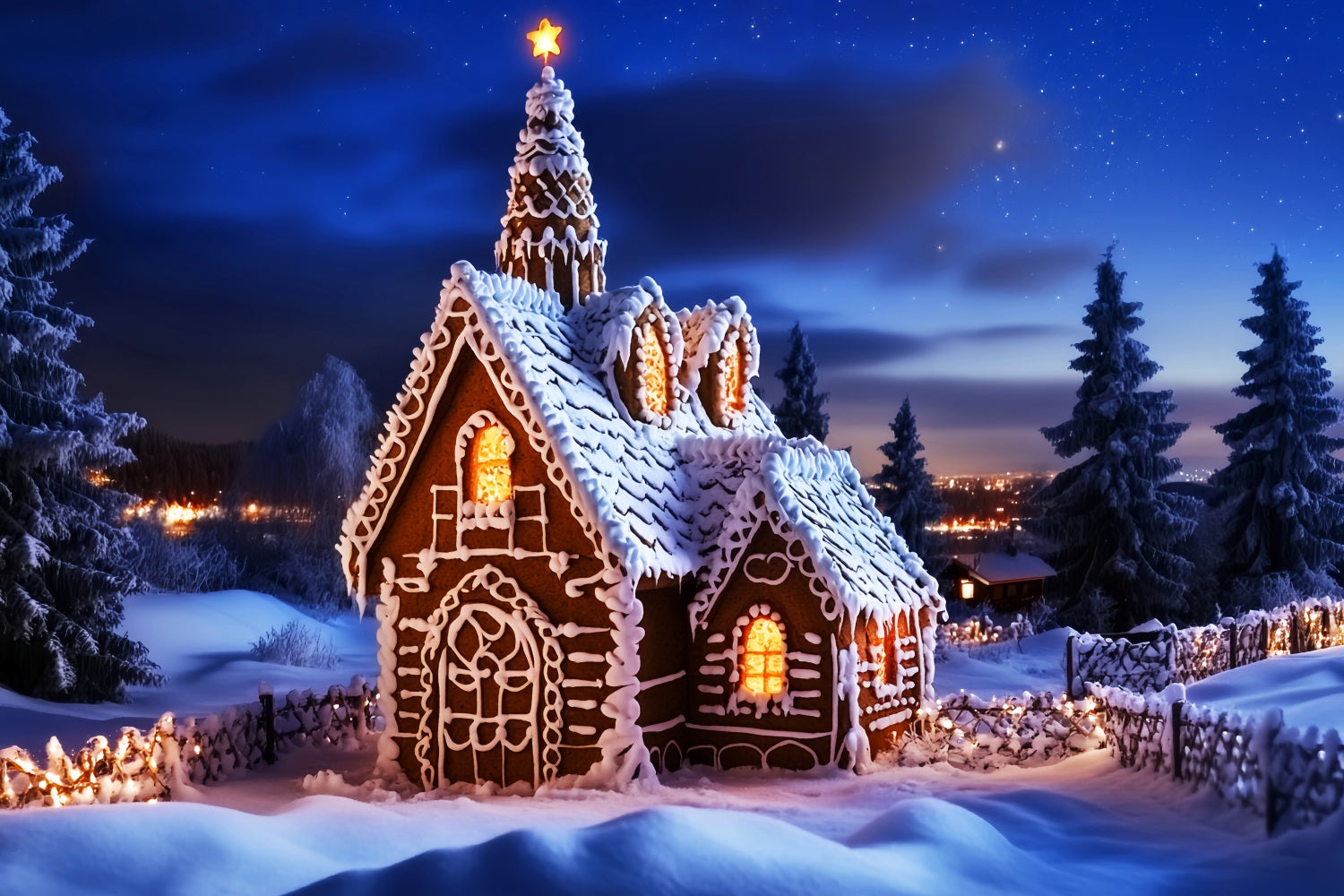 Christmas Church Backdrop Gingerbread House Starry Night Christmas Backdrops LXX59-186