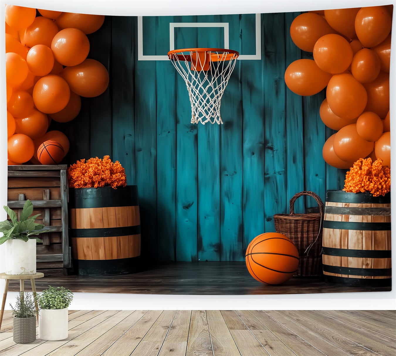 Sports Backdrop Rustic Basketball Hoop Balloons Basketball Backdrop LXX59-313