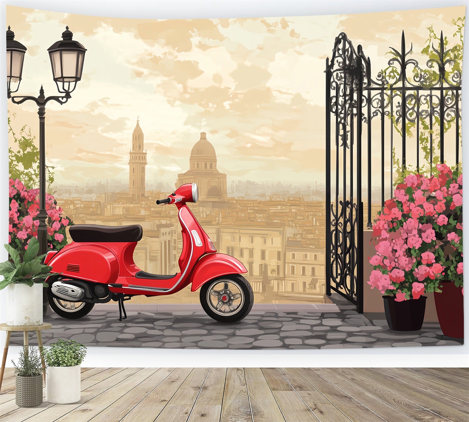 Paris Street Backdrops Vintage Red Scooter City Terrace European Backdrop LXX59-43
