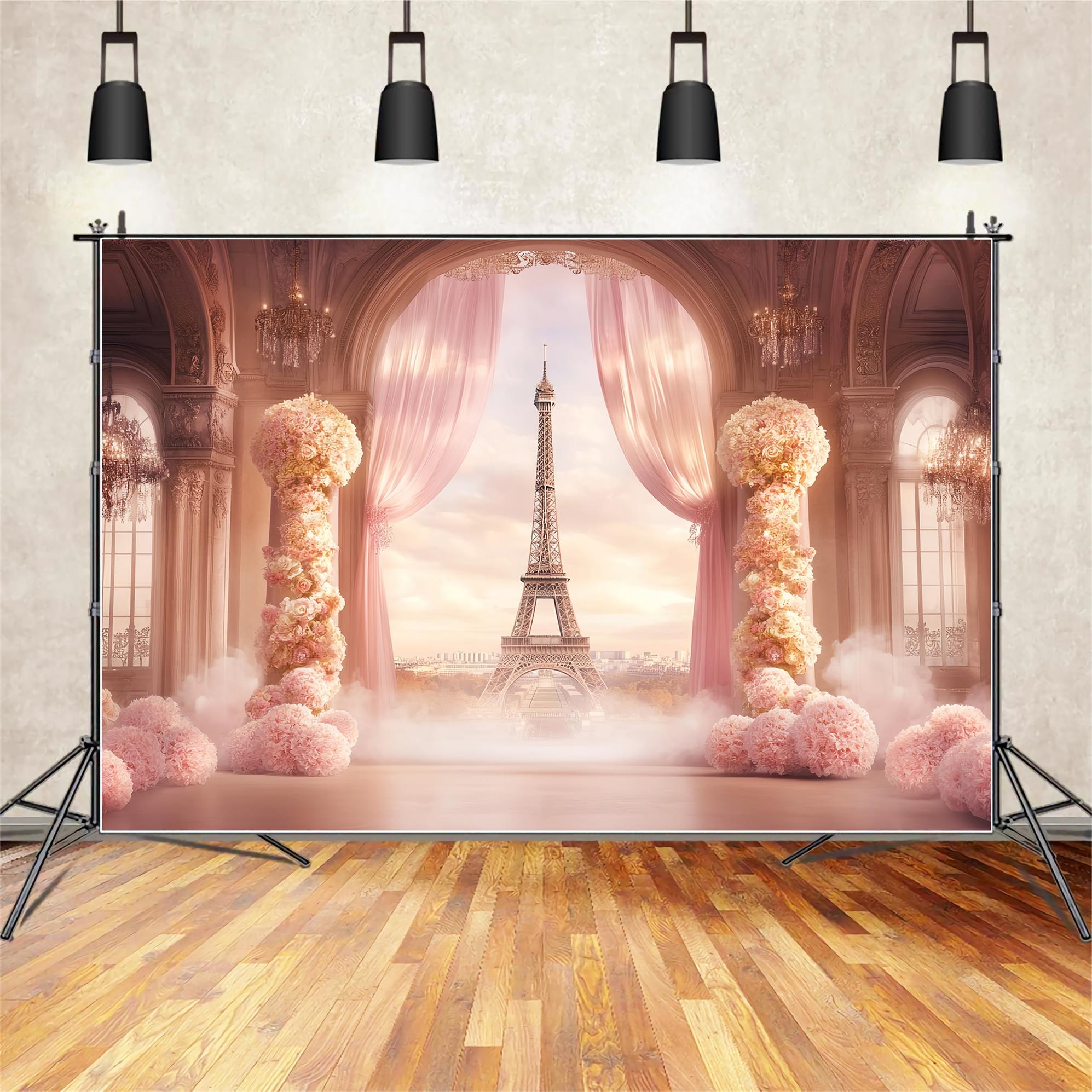 A Night in Paris Backdrop Ballroom Floral Drapes Eiffel Tower Paris Backdrop LXX59-64