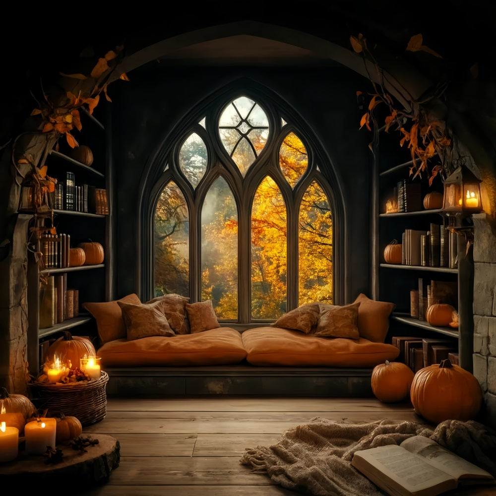 Halloween Backdrop Cozy Pumpkin Window Library Halloween Photo Backdrop LXX59-80