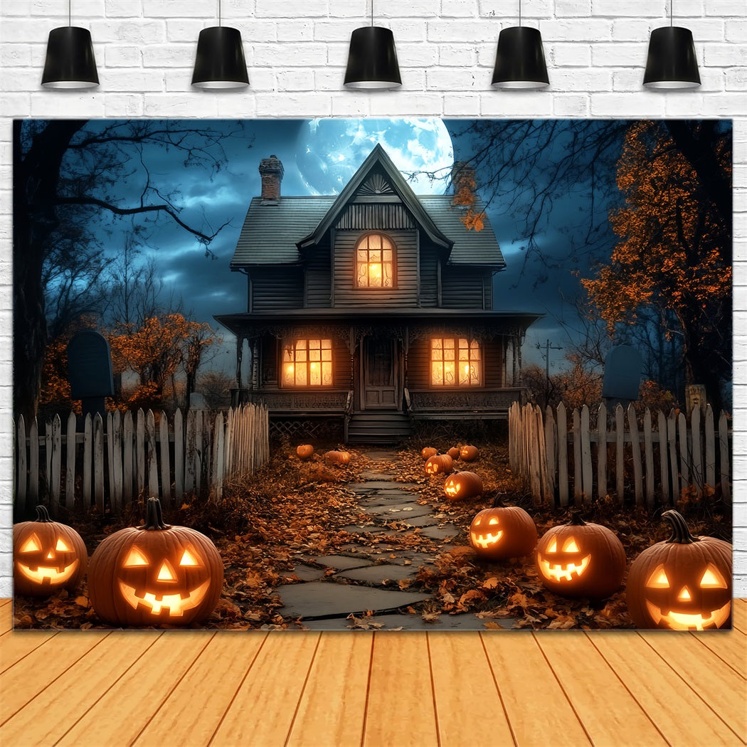 Halloween Moon Backdrop Haunted House Pumpkin Lanterns Halloween Backdrop LXX59-81