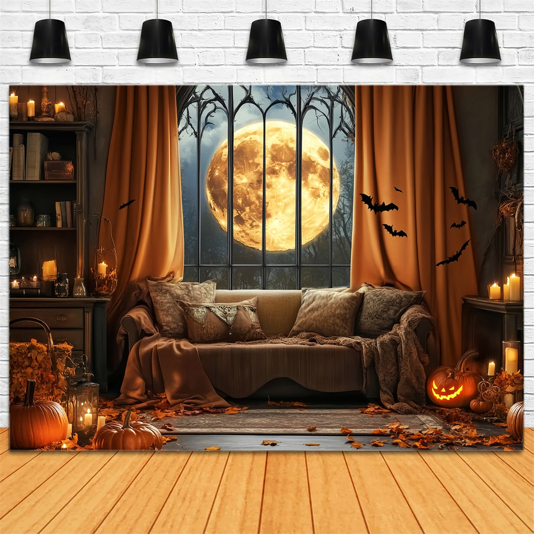 Halloween Bat Backdrop Full Moon Gothic Window Bats Halloween Backdrop Ideas LXX59-82