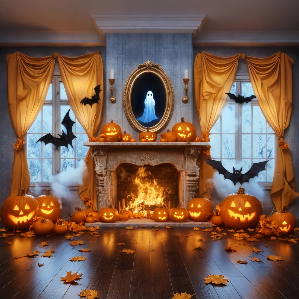 Ghost Backdrop Mirror Fireplace Pumpkins Ghost Halloween Picture Backdrop LXX59-85