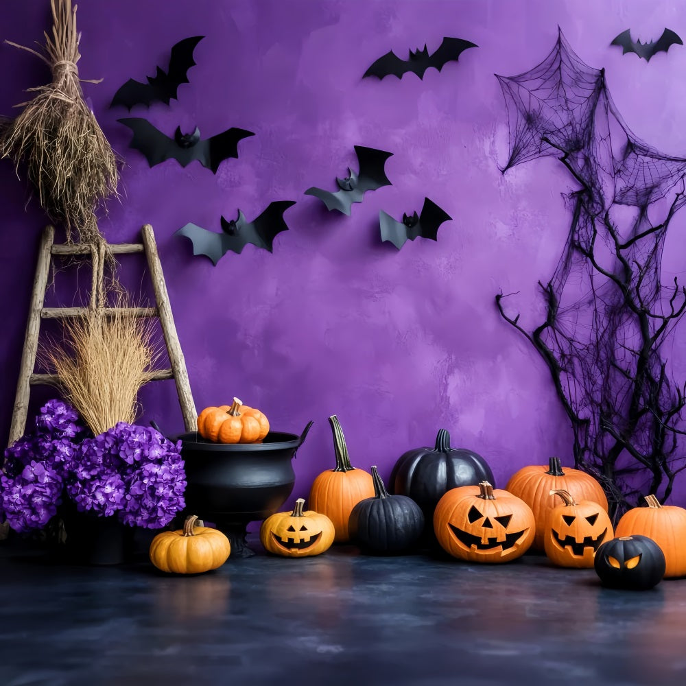Color Backdrop Purple Wall Pumpkin Cauldron Halloween Photography Backdrops LXX59-91
