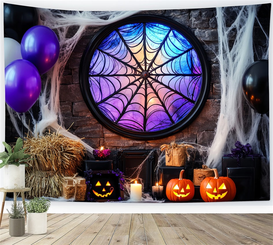 Bat Backdrop Spiderweb Stained Glass Window Halloween Photo Booth Backdrop LXX59-92