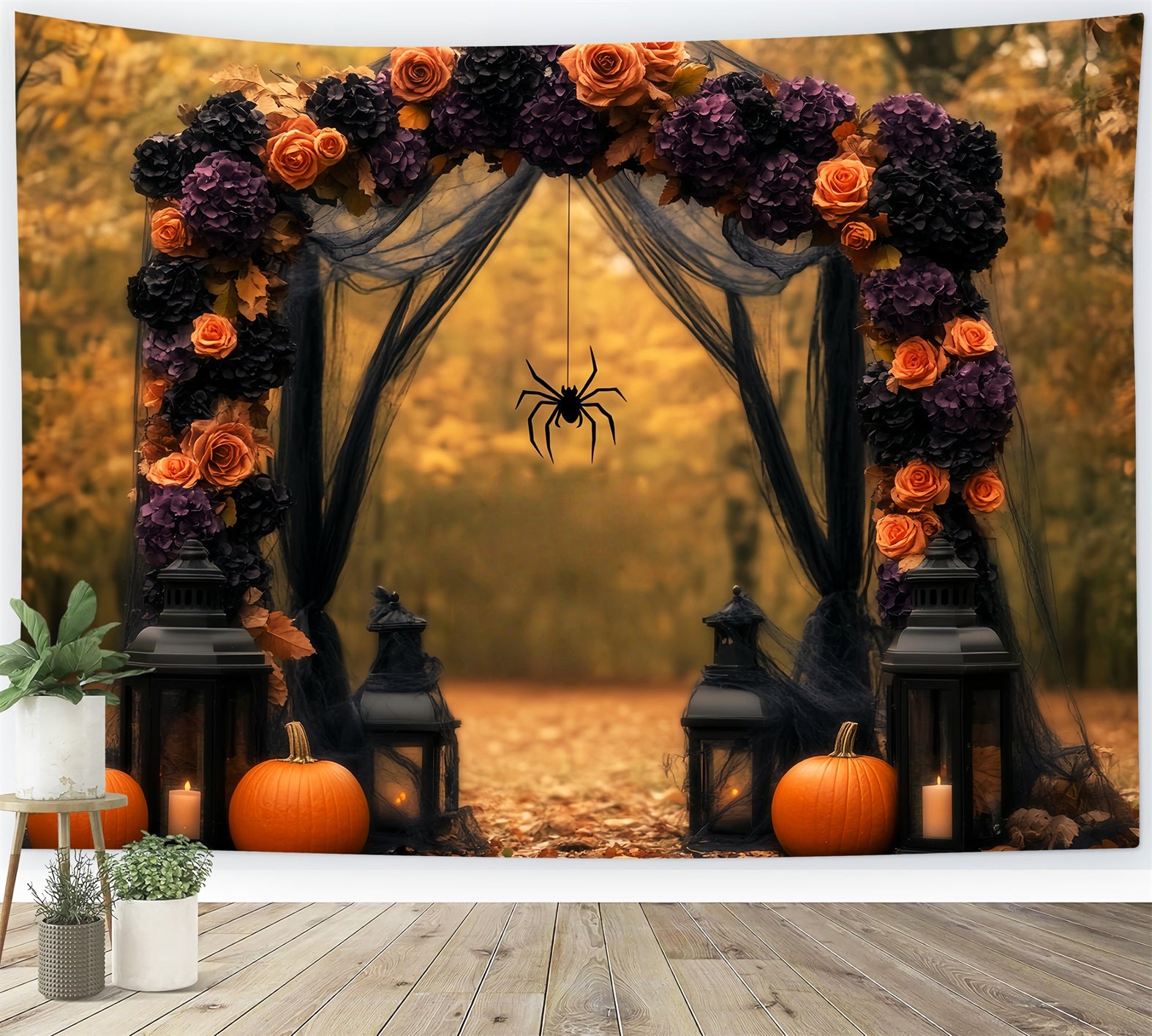 Spider Backdrop Autumn Floral Arch Pumpkins Lanterns Halloween Photo Backdrop LXX59-96