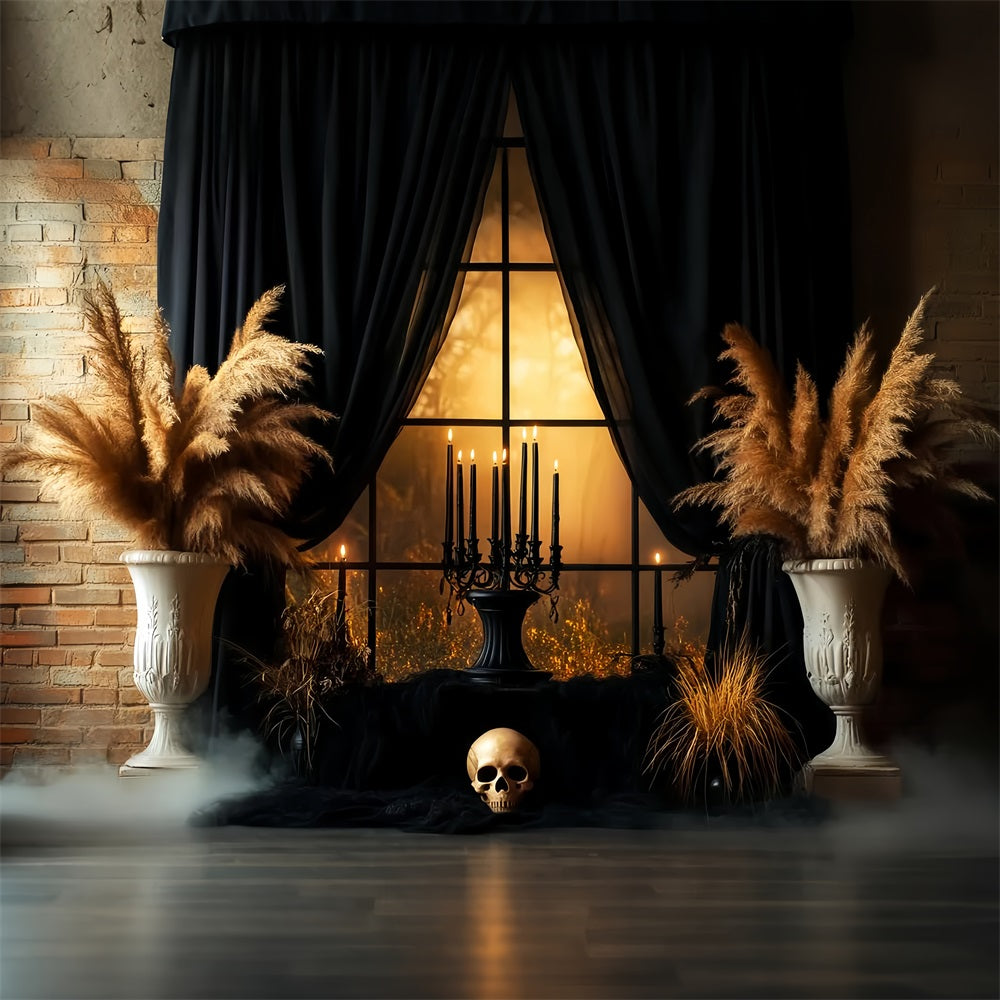 Creepy Backdrop Black Curtain Skull Candlelit Window Halloween Photo Backdrops LXX59-99