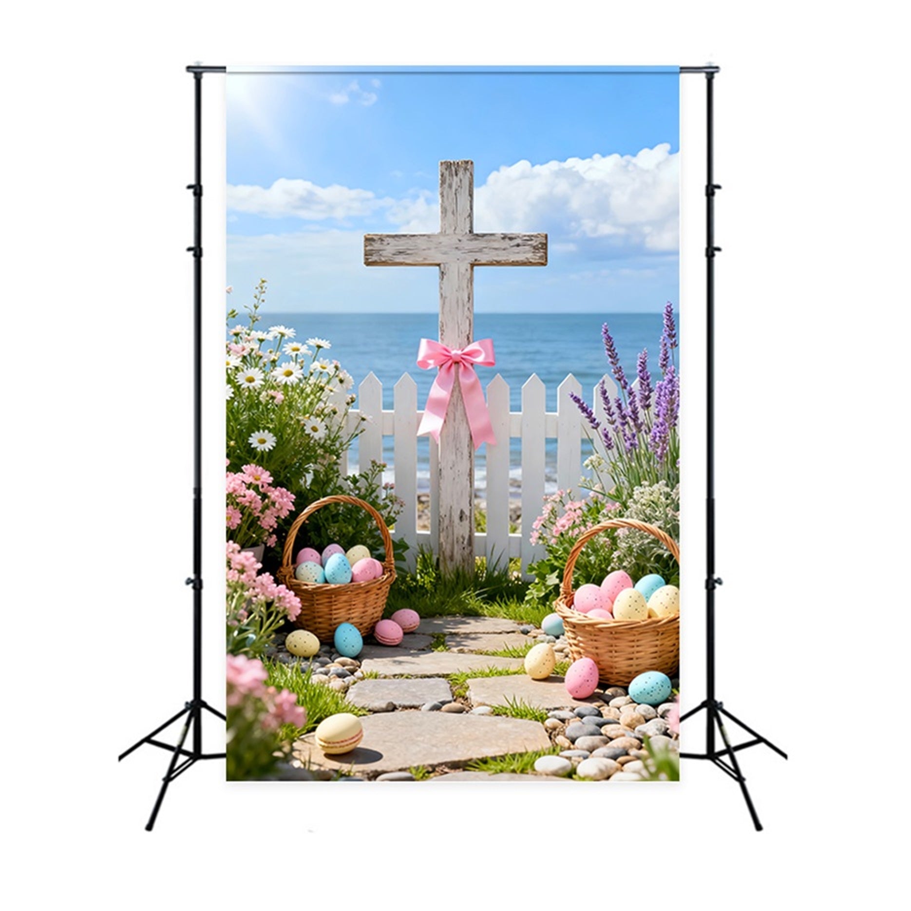 Cross Backdrop Wildflower Bouquet Egg Basket Easter Backdrop Photography LXX61-100