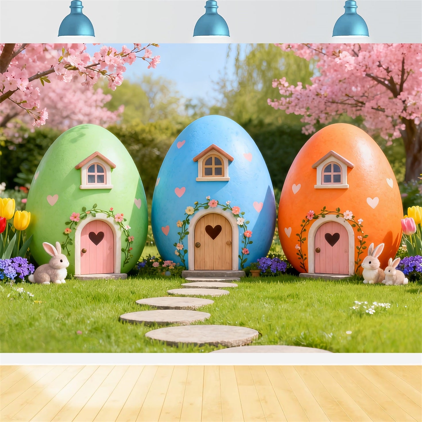 Easter Bunny Backdrop Cute House Bunny Cherry Blossom Tulip Backdrop Easter LXX61-114
