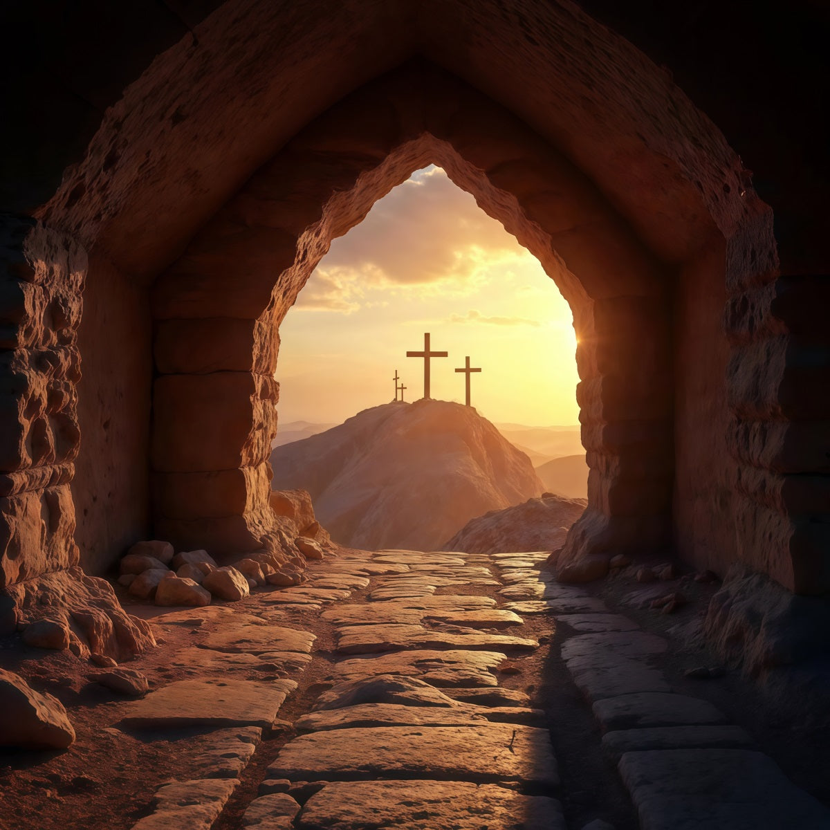 Religious Easter Backdrop Sunset Cross He Is Risen Easter Backdrop For Pictures LXX61-134