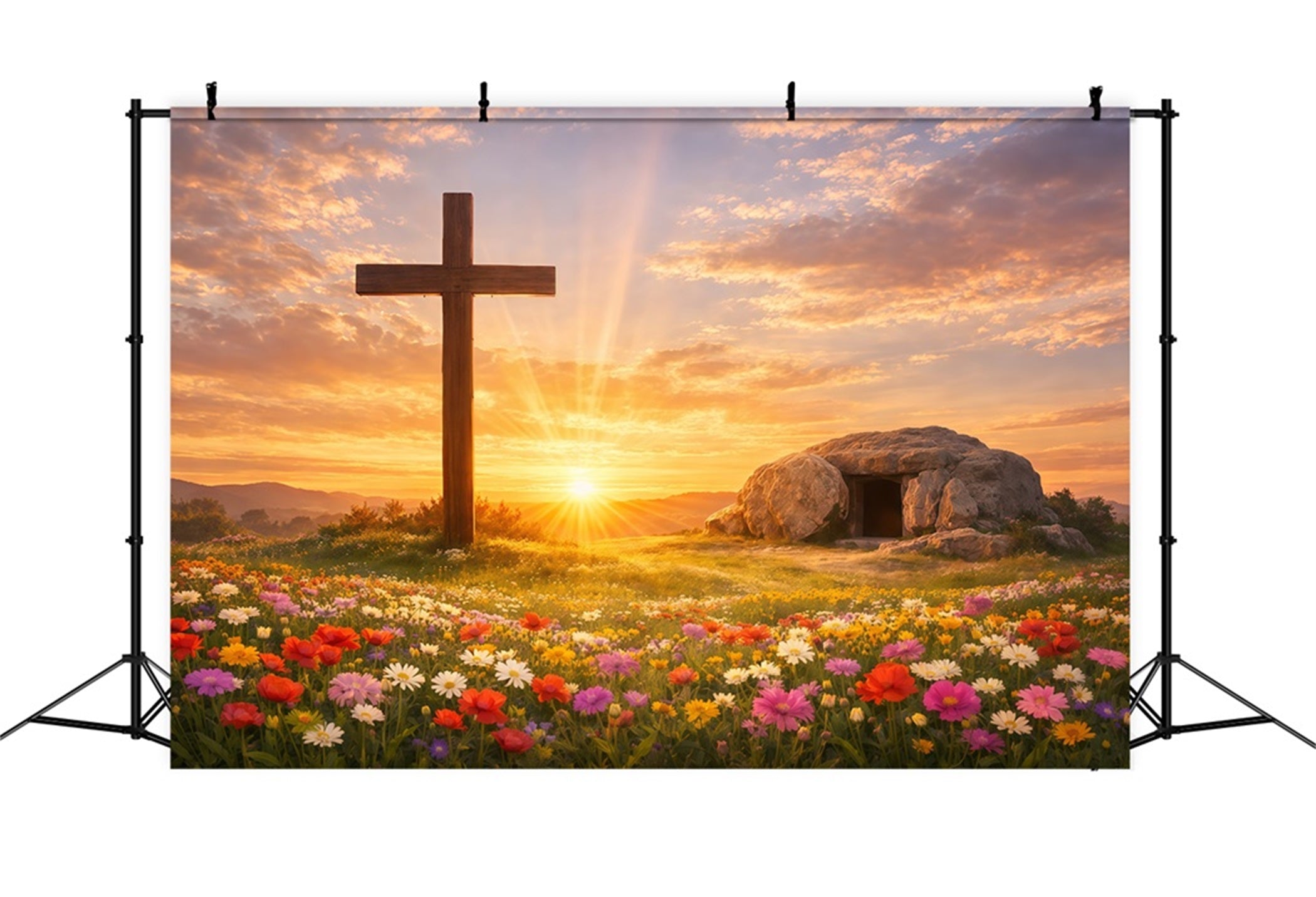 He Is Risen Backdrop Cross Tomb Flower Field Easter Photography Backdrops LXX61-141