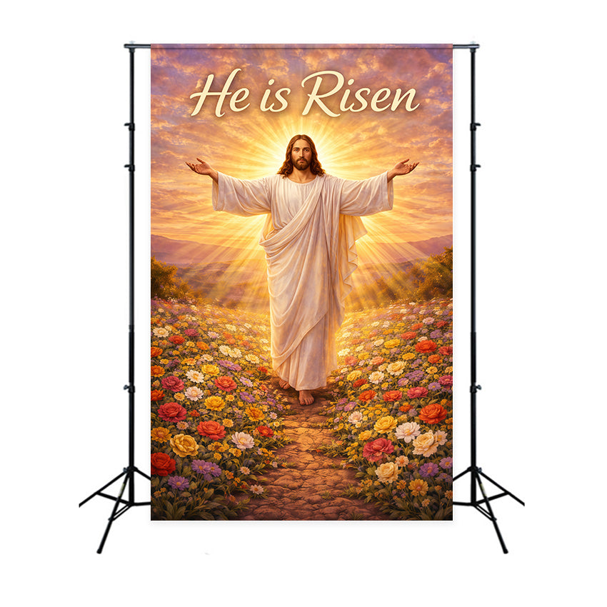 He Is Risen Backdrop Christ Holy Light Flowers Easter Backdrops For Photos LXX61-143