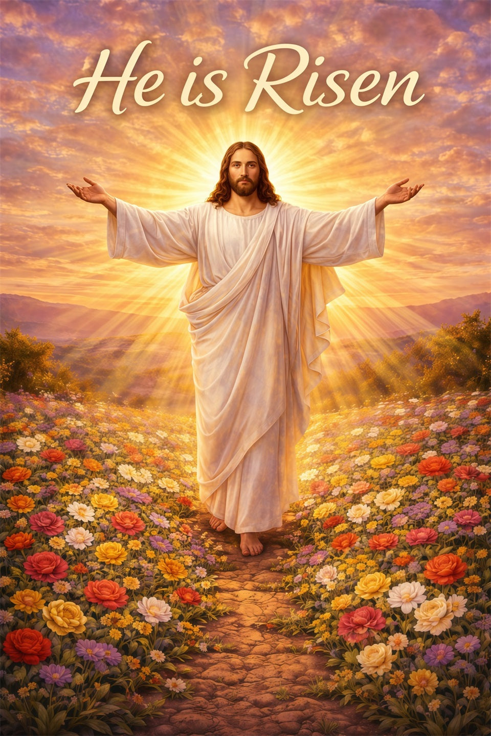 He Is Risen Backdrop Christ Holy Light Flowers Easter Backdrops For Photos LXX61-143