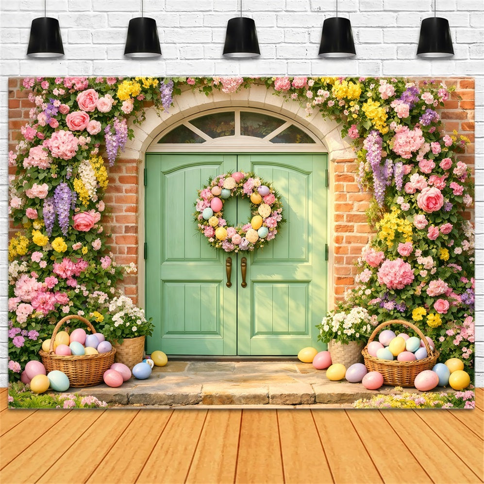 Easter Egg Backdrop Pastel Flower Door Egg Wreath 10x10 Easter Backdrops LXX61-37