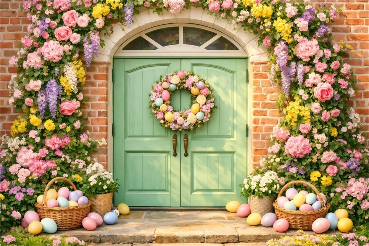 Easter Egg Backdrop Pastel Flower Door Egg Wreath 10x10 Easter Backdrops LXX61-37