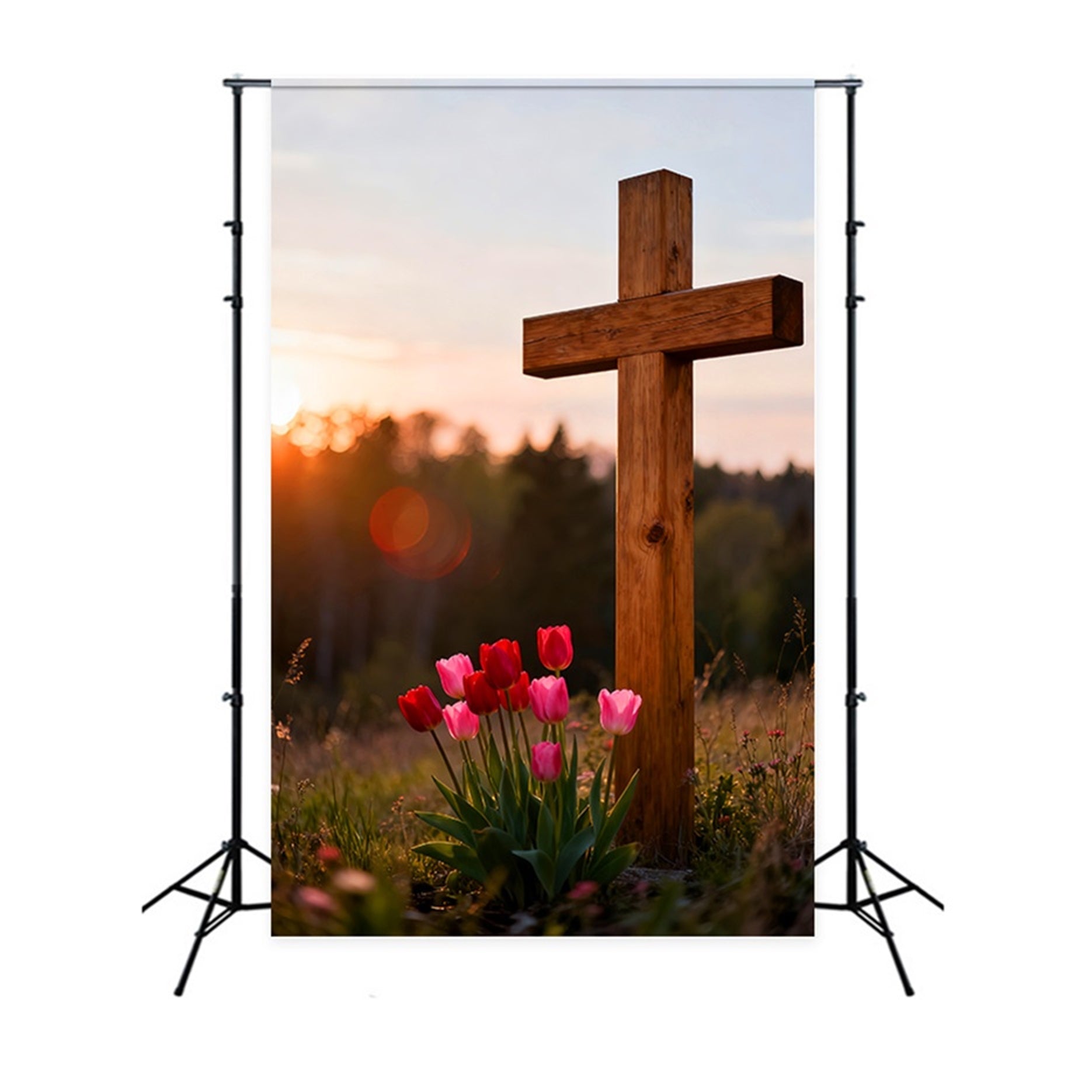 Christian Easter Backdrops Wooden Cross Tulip Meadow Outdoor Easter Photo Backdrops LXX61-43