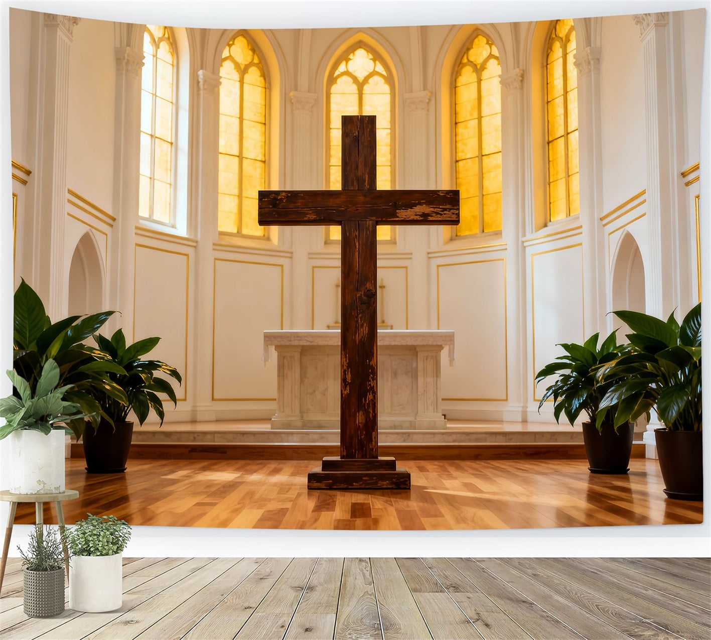 Church Easter Backdrop Golden Cathedral Cross Sanctuary Easter Backdrop 10x10 LXX61-45