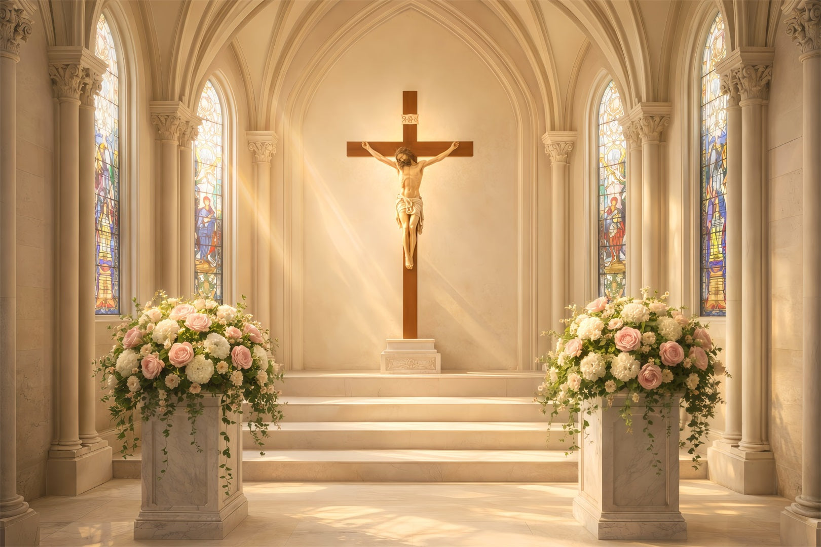 Church Easter Photo Backdrop Ideas Floral Crucifix Cathedral Light Backdrop Ideas For Easter LXX61-48