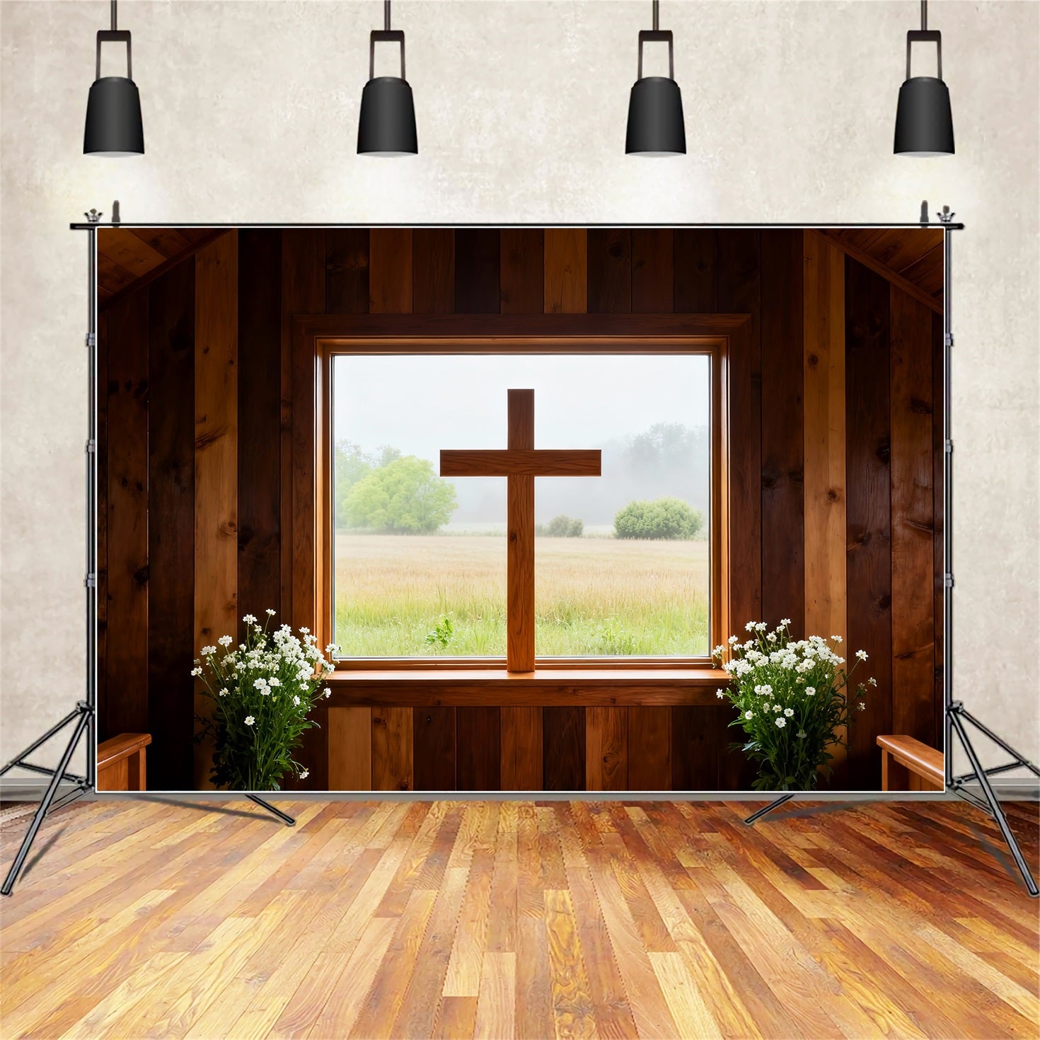 Easter Church Backdrops Rustic Wood Chapel Window Cross Large Easter Backdrop LXX61-58