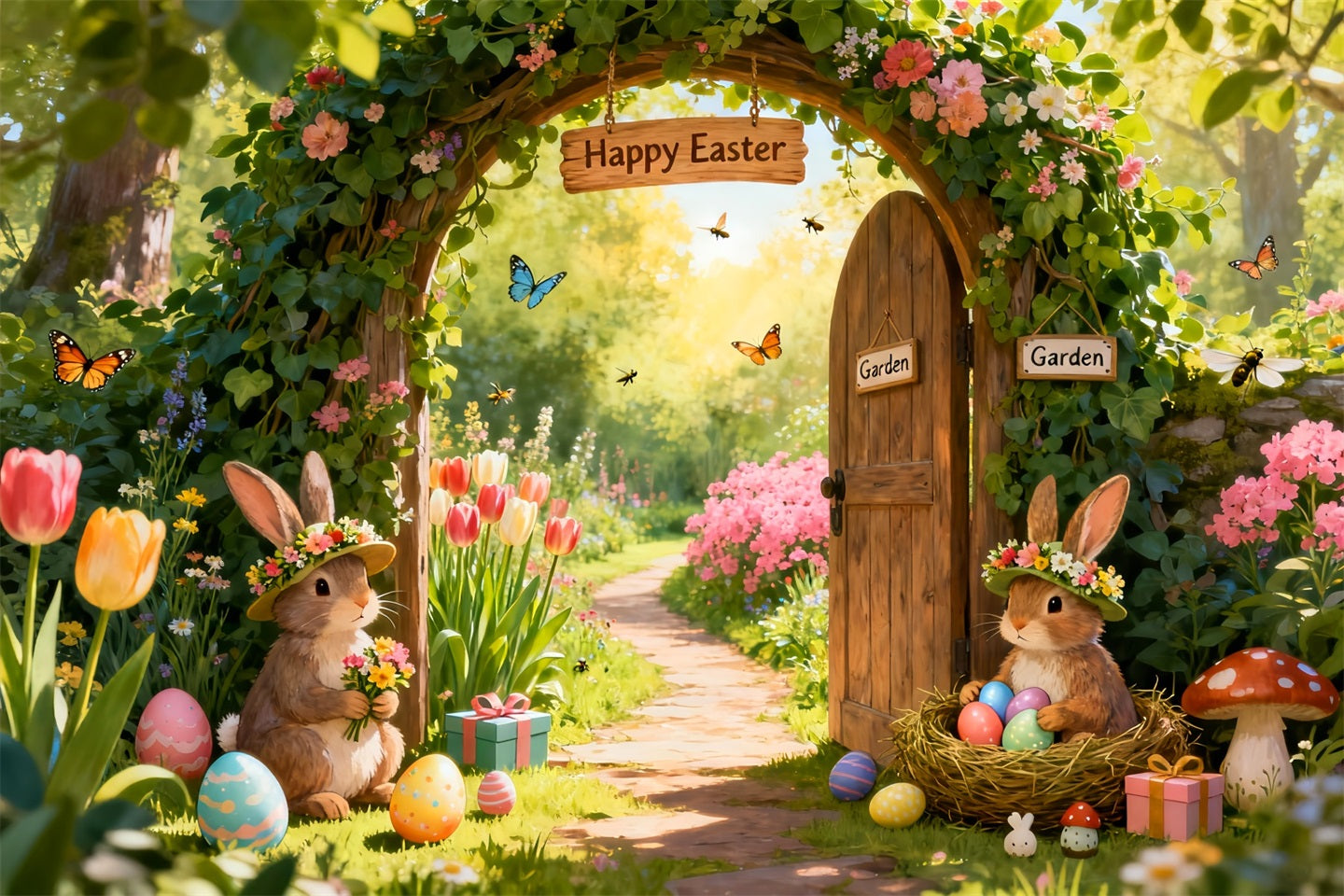 Easter Bunny Backdrops Enchanted Garden Flower Arch Photo Shoot Easter Backdrop LXX61-74