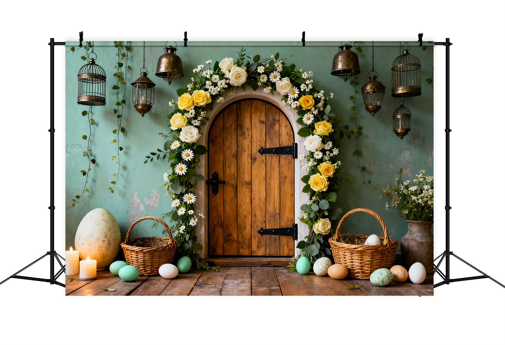 Easter Egg Photo Backdrop Wooden Door Floral Arch My First Easter Backdrop LXX61-82