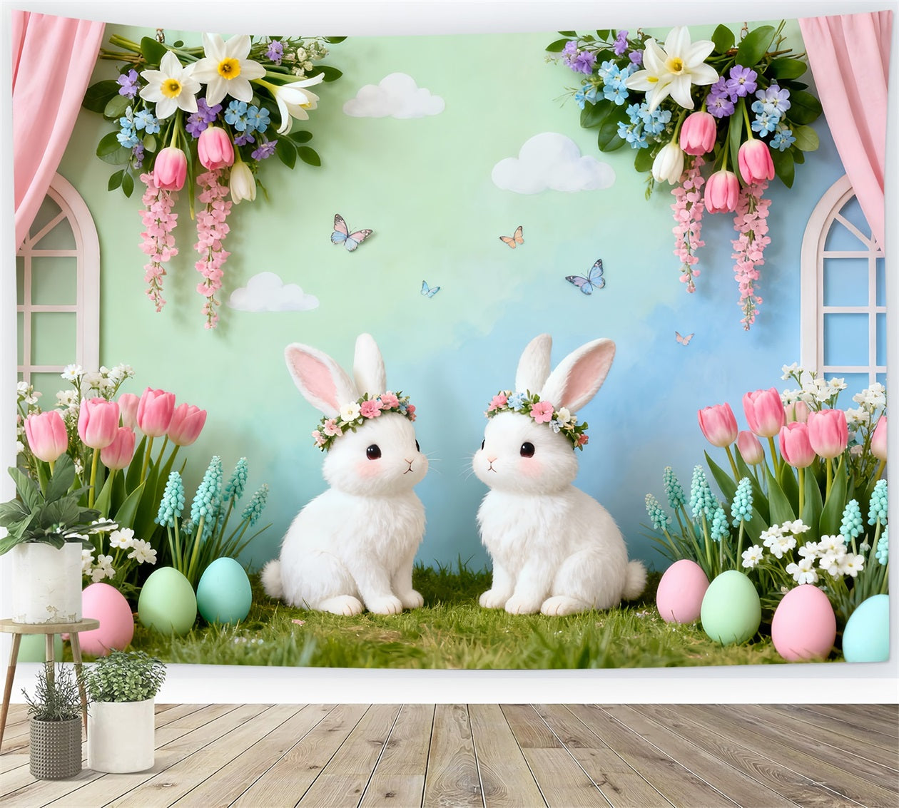 Rabbit Backdrop Twin Bunnies Floral Garden Easter Backdrops LXX61-94
