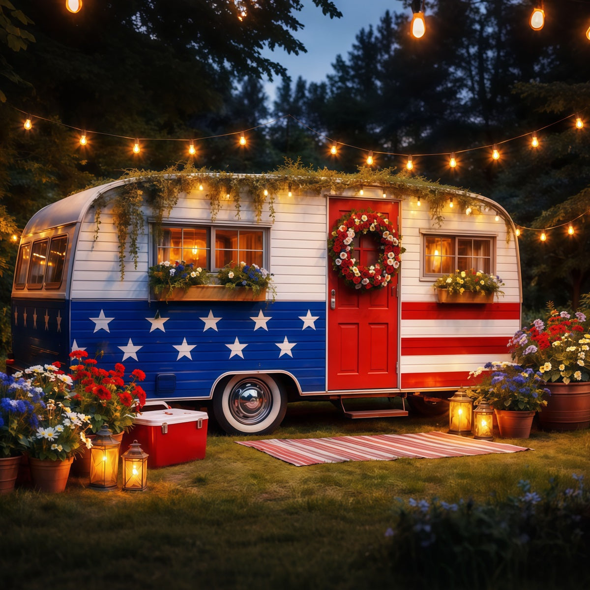 USA Flag Backdrop Patriotic Camper Garden Lights 4th of July Photography Backdrops LXX62-19