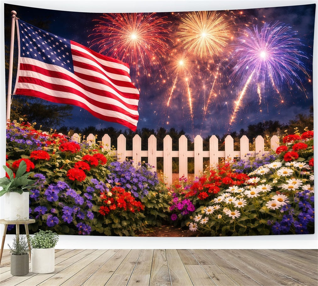 US Flag Photo Backdrop Flower Garden White Fence 4th of July Fireworks Backdrop LXX62-20