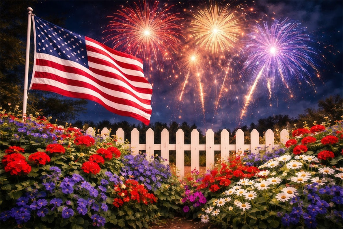 US Flag Photo Backdrop Flower Garden White Fence 4th of July Fireworks Backdrop LXX62-20