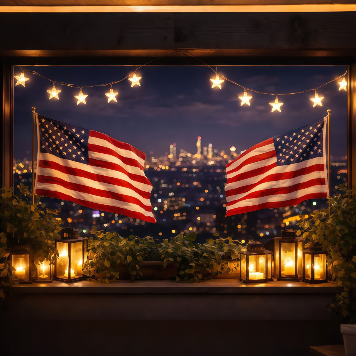 American Flag Backdrop Photography Lantern Balcony City Glow 4th of July Backdrop LXX62-22