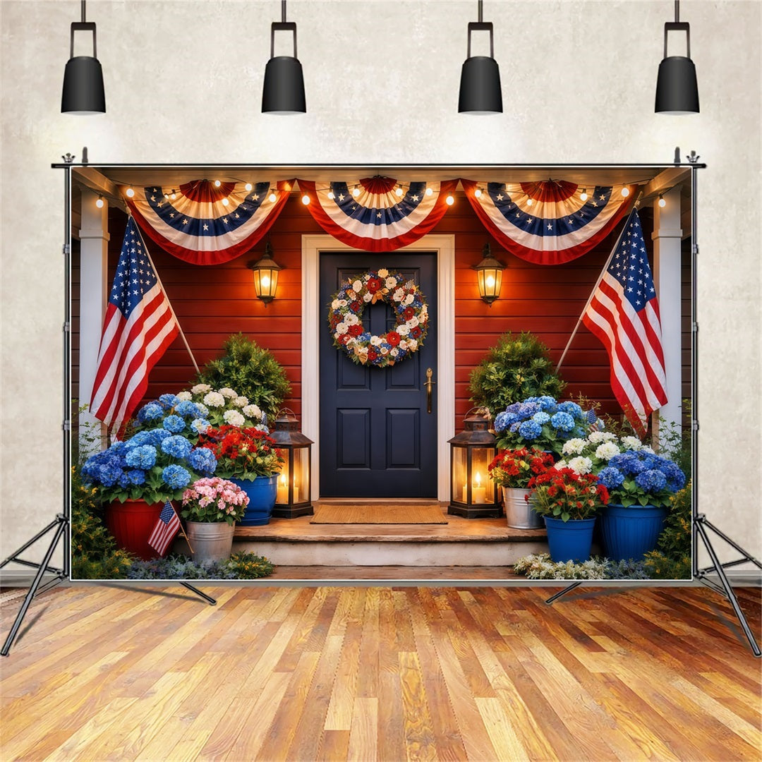 US Flag Photo Backdrop Festive Front Porch Americana Independence Day Backdrops LXX62-30