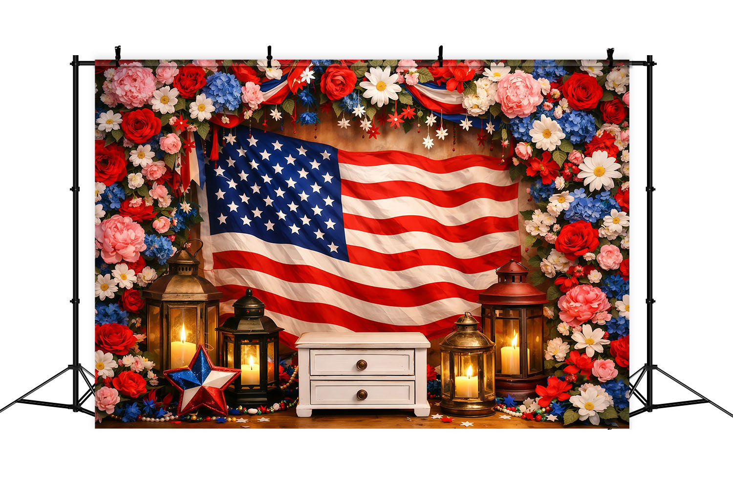 American Flag Backdrop Floral Framed Wood Display 4th of July Backdrop Photography LXX62-31