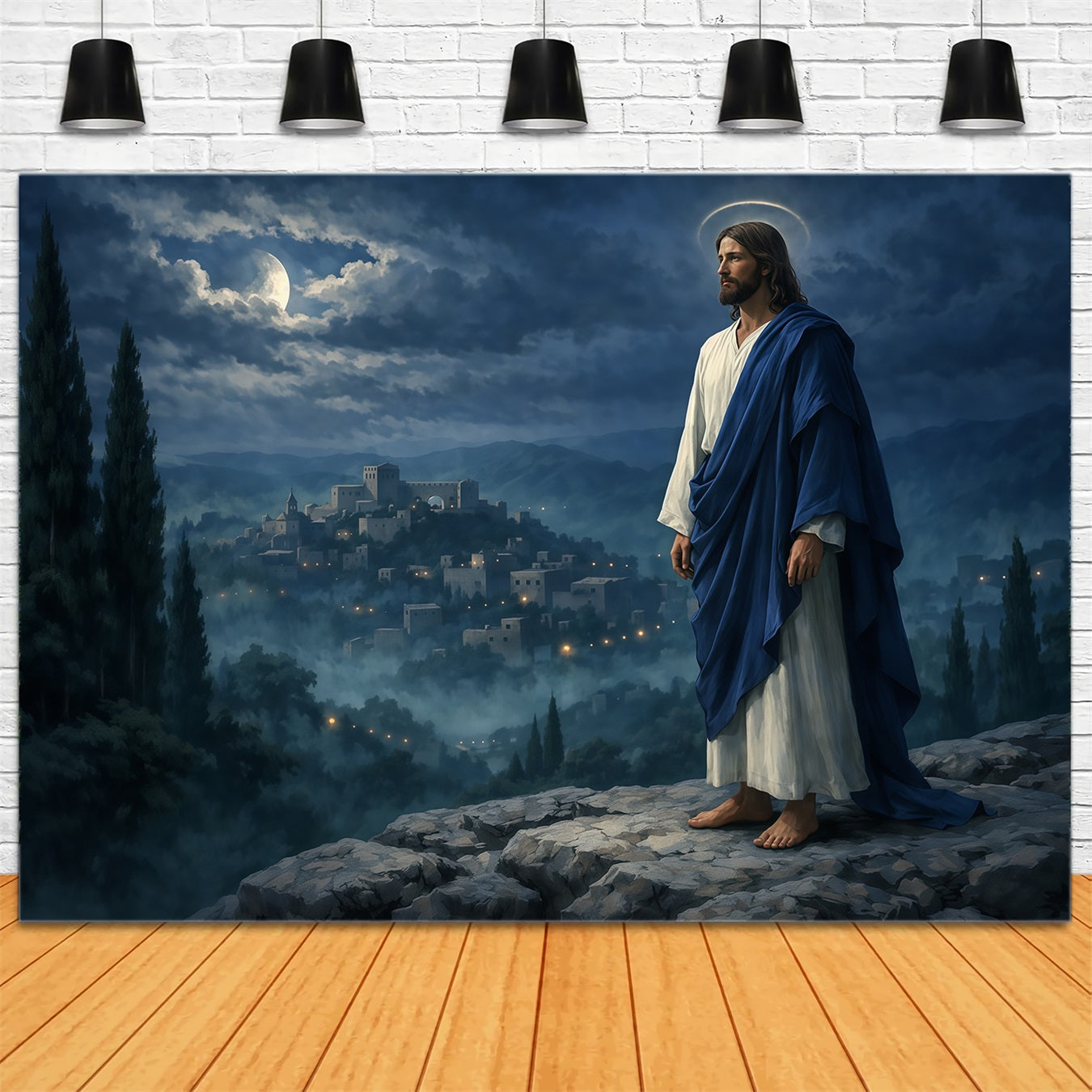 Church Easter Photo Backdrop Moonlit Messiah Mountain Village Easter Backdrop LXX62-32