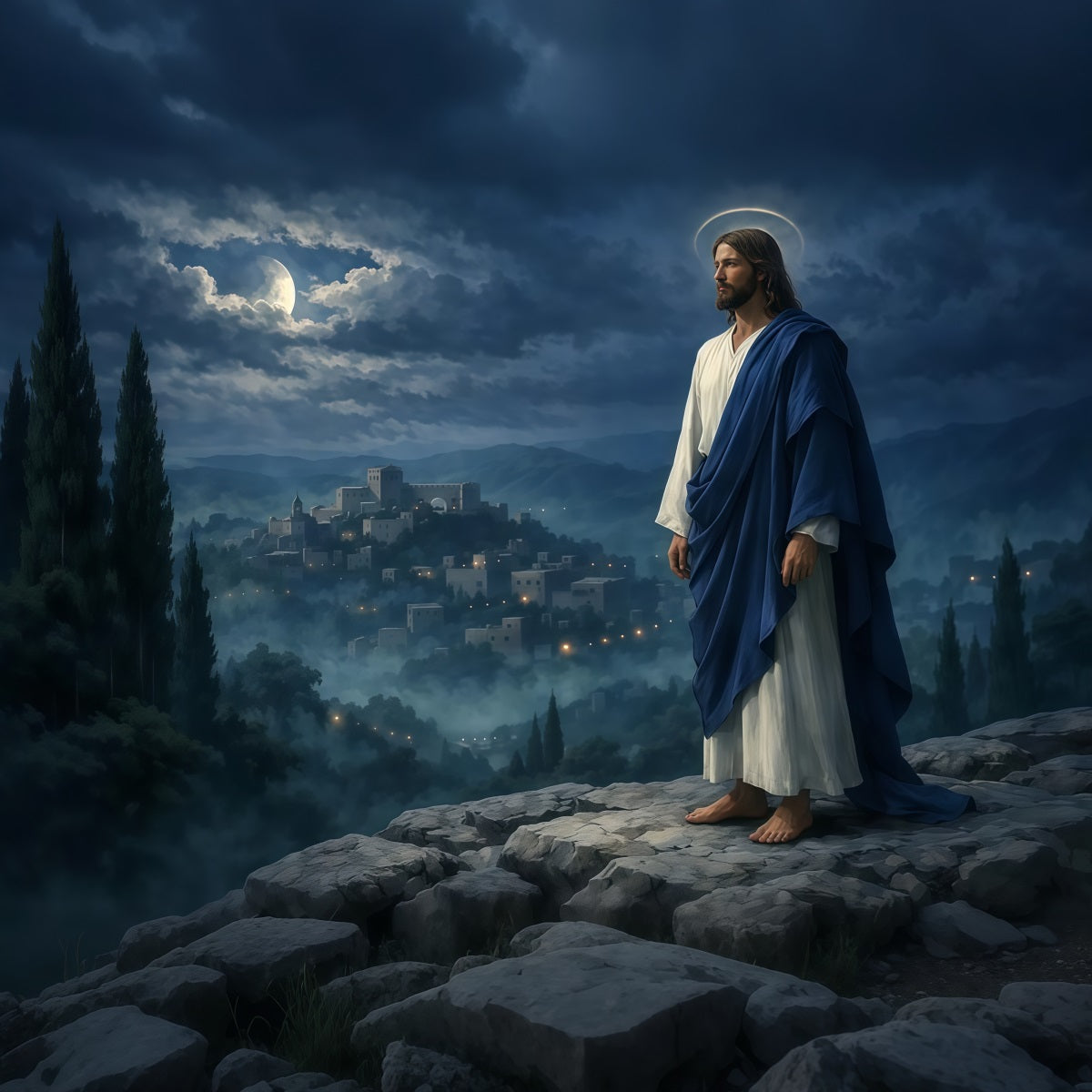 Church Easter Photo Backdrop Moonlit Messiah Mountain Village Easter Backdrop LXX62-32