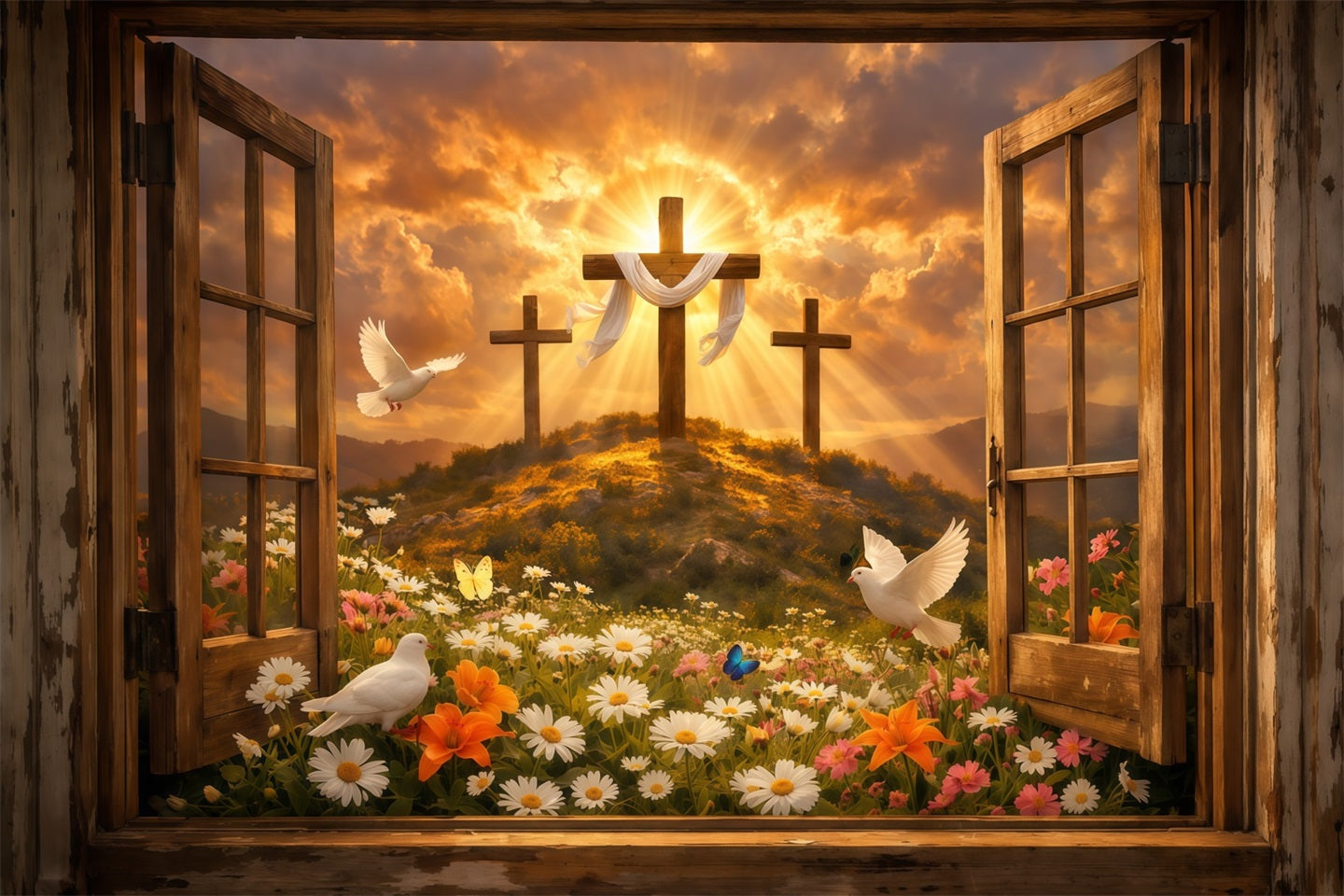 Easter Church Backdrop Resurrection Hill Sunrise Open Window Easter Photo Backdrops LXX62-37
