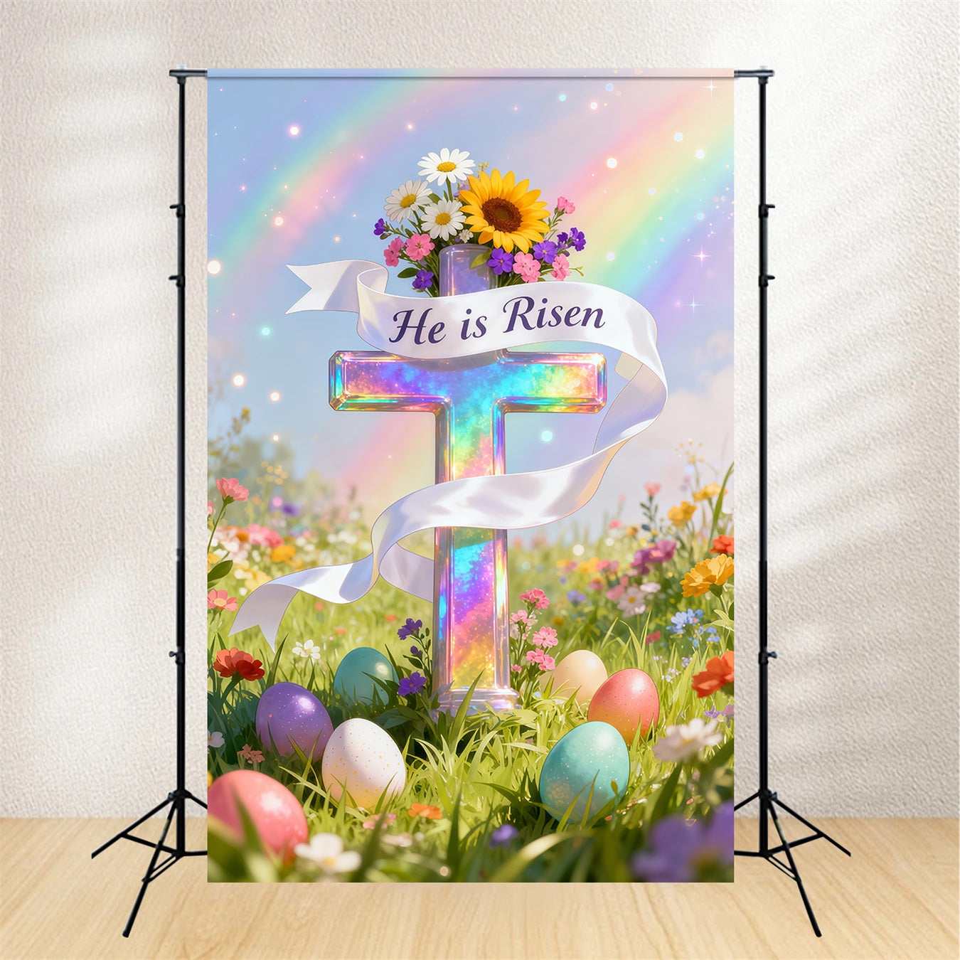 Easter Sunday Backdrop He Is Risen Cross Eggs Easter Photo Backdrop Ideas LXX62-43