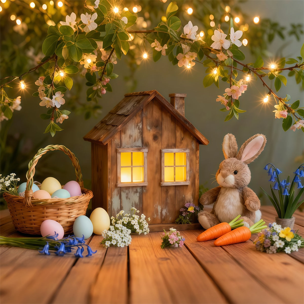 Easter Bunny Backdrop For Photos Rustic Cottage Lights Egg Backdrop For Easter LXX62-51