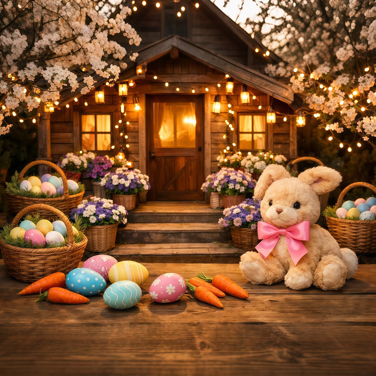 Easter Bunny Backdrop For Photos Cherry Blossom Cabin Easter Basket Backdrop For Easter LXX62-52