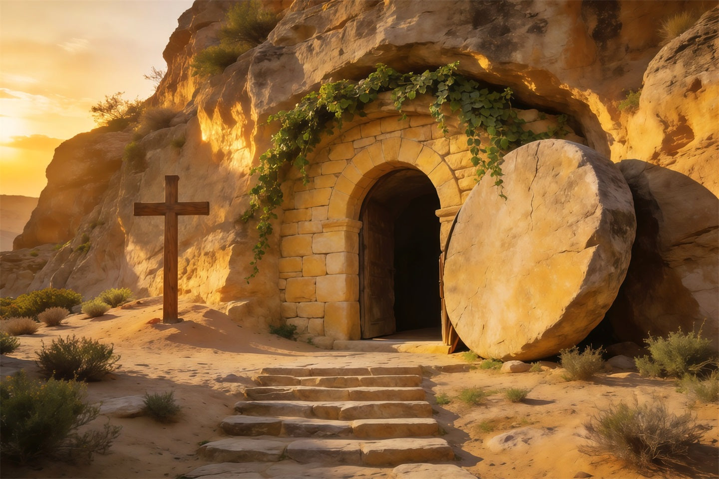 Easter Tomb Backdrop Golden Sunrise Empty Cave Cross Outdoor Easter Backdrop LXX62-64