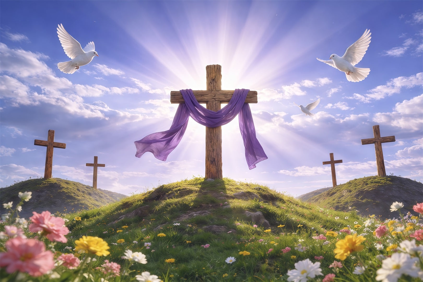 He Has Risen Backdrop Radiant Hilltop Cross Purple Drape Photography Easter Backdrop LXX62-67