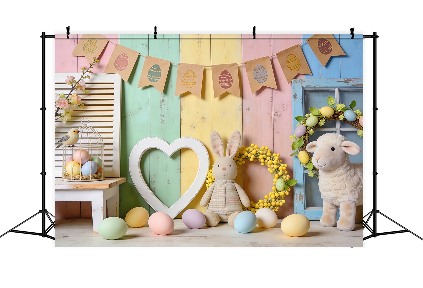 Easter Sunday Backdrop Ideas Pastel Wooden Heart Bunny Decor Photo Backdrops For Easter LXX62-74